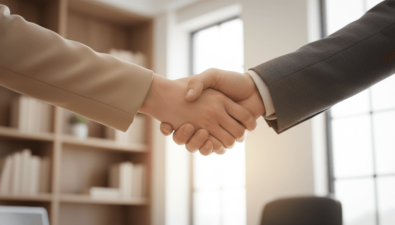 Two professionals shaking hands in a sunlit office
