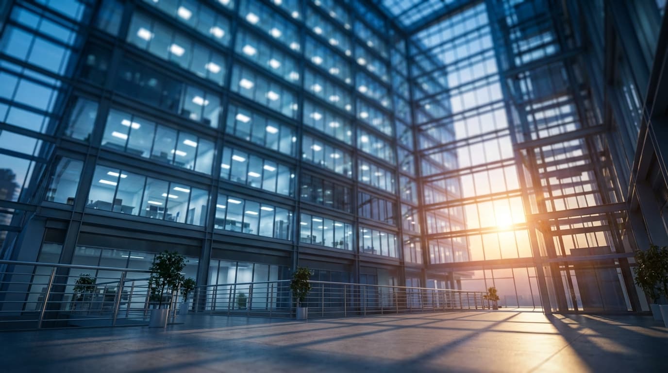 A modern glass skyscraper reflecting a blue sky