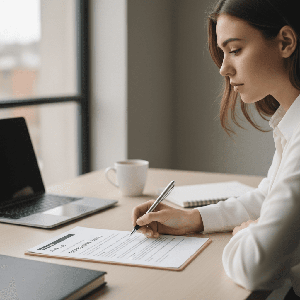 Woman reviewing executive candidate materials at a desk
