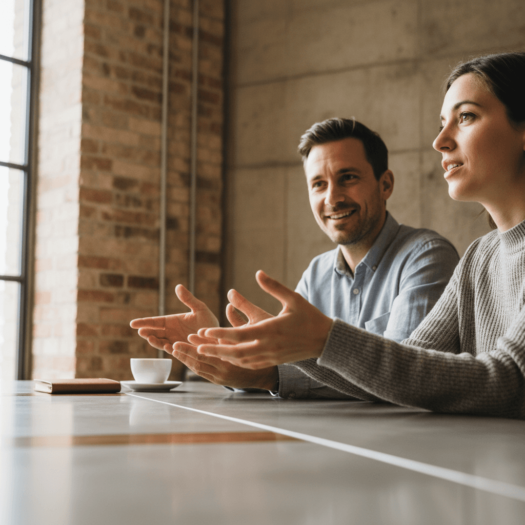 Two people having a thoughtful conversation in a sunlit office